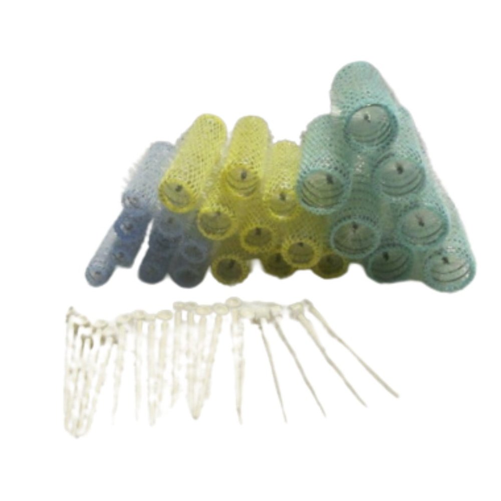 25 Vintage Pastel Mesh Hair Brush Rollers Curlers with 20 Pins 3 Sizes